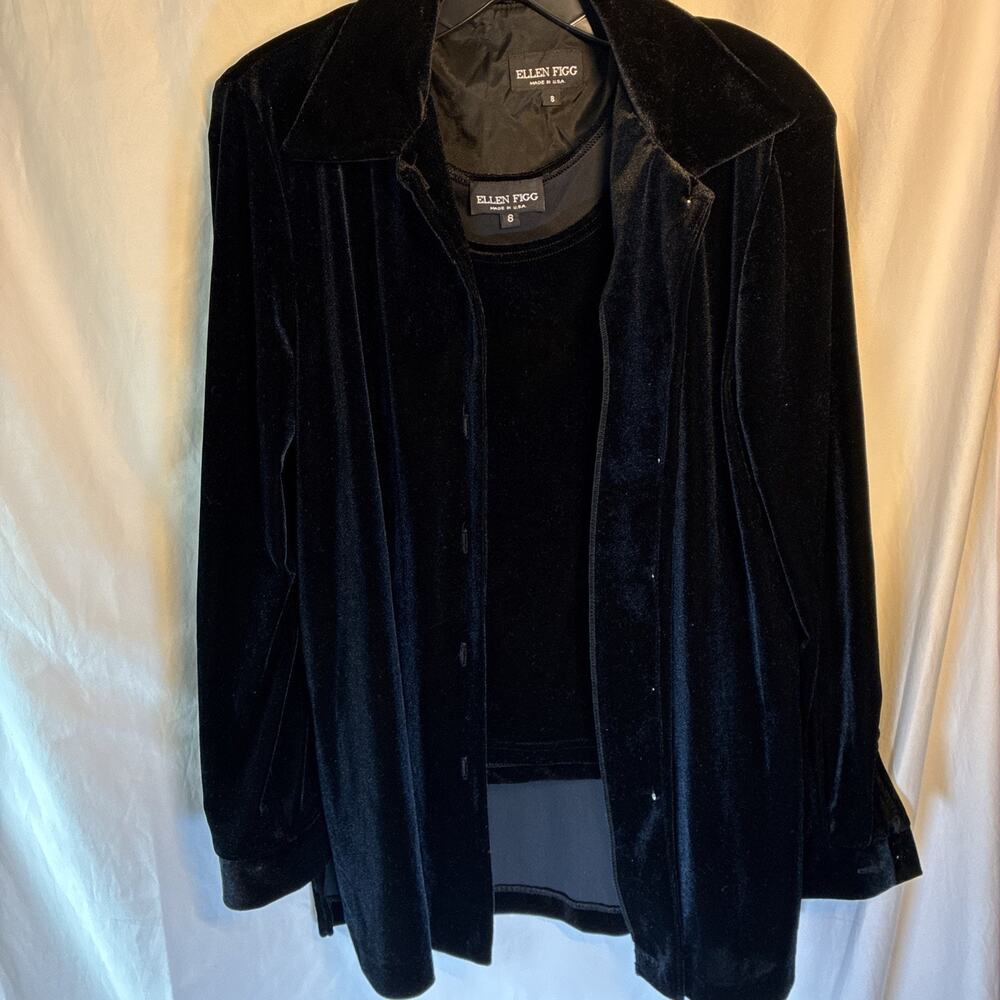 VTG Ellen Figg Women's 2 Pc Velvet Black Button up & Sleeveless Tank - USA Sz 8